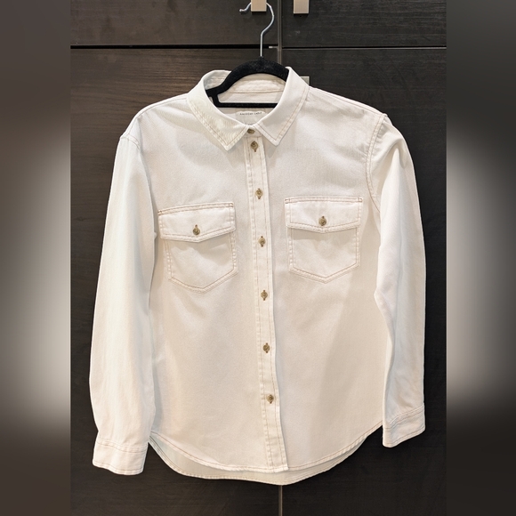 American Eagle Outfitters Tops - American Eagle Outfitters Cream Denim  Button-Down Shirt with Chest Pockets